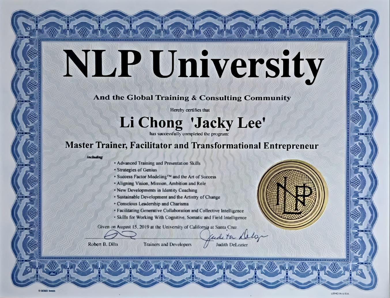 NLP University certificate for Li Chong Jacky Lee, Master Trainer, Facilitator and Transformational Entrepreneur