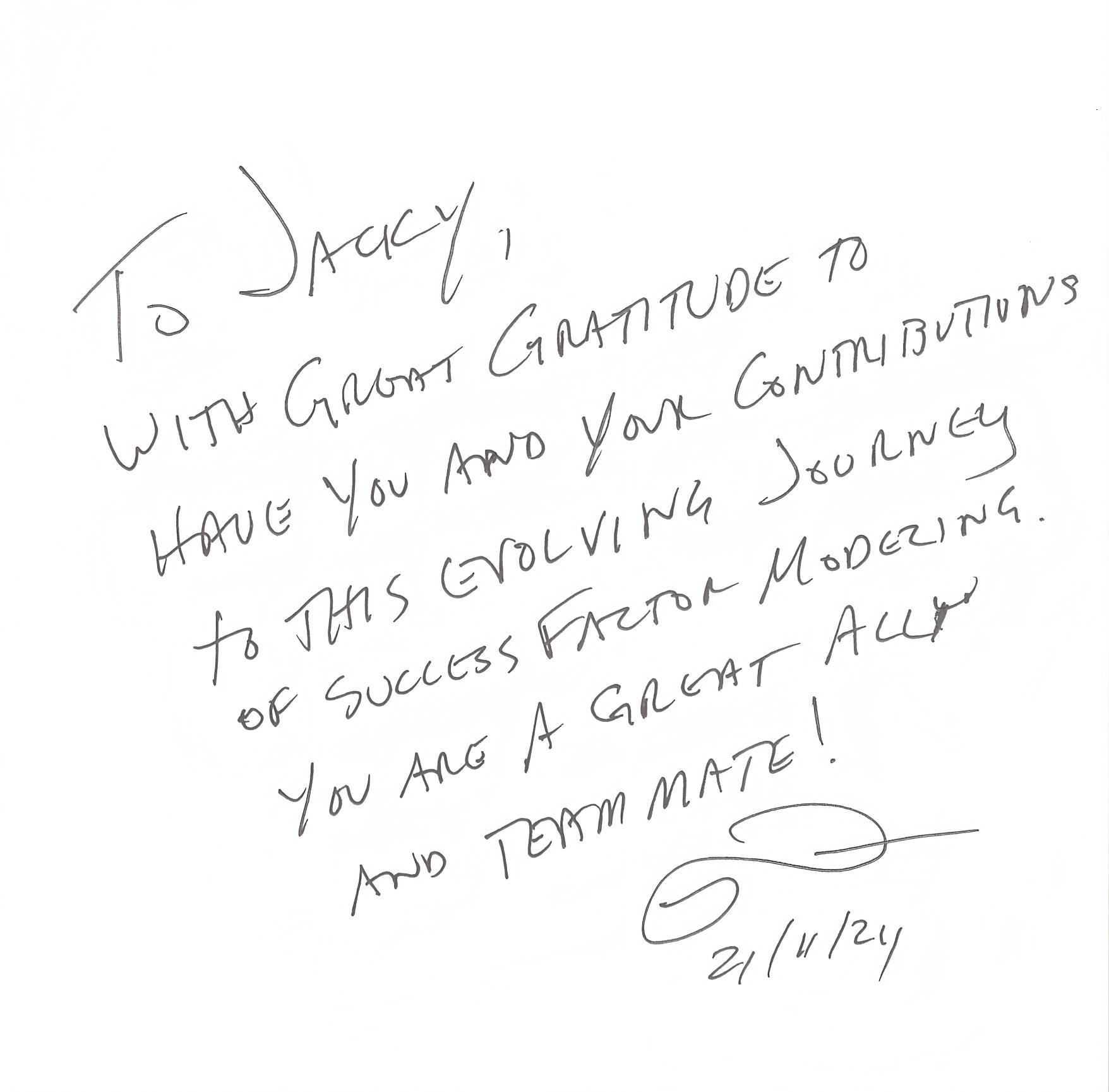 Robert Dilts handwritten note to Jacky Lee dated 21/11/24